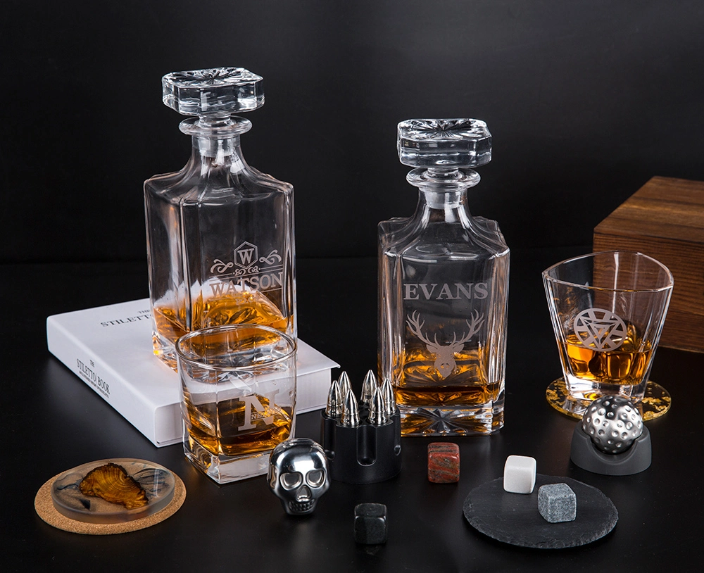 3 Pack 750ml 25oz Custom Logo Lead Free Crystal Etched Whiskey Decanter Set with 2 Whiskey Glasses in Wooden Box for Gift