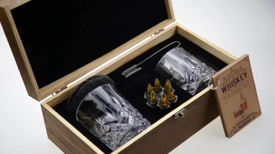 Whiskey Stones Set - Two 10 Oz. Lead-Free Crystal Glasses Gift Set with Wooden Box