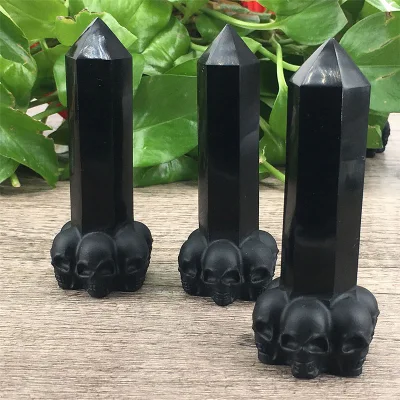 Natural Black Obsidian Stone Carve Skulls Wand Crystal Point Column for Halloween Decoration